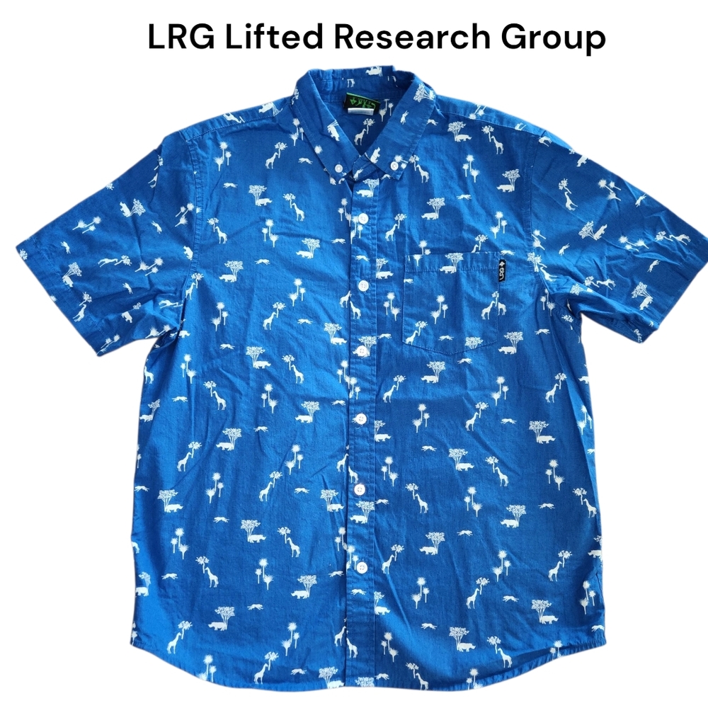 LRG Lifted Research Group Animal Short Sleeve Button Down Shirt Blue Size Small